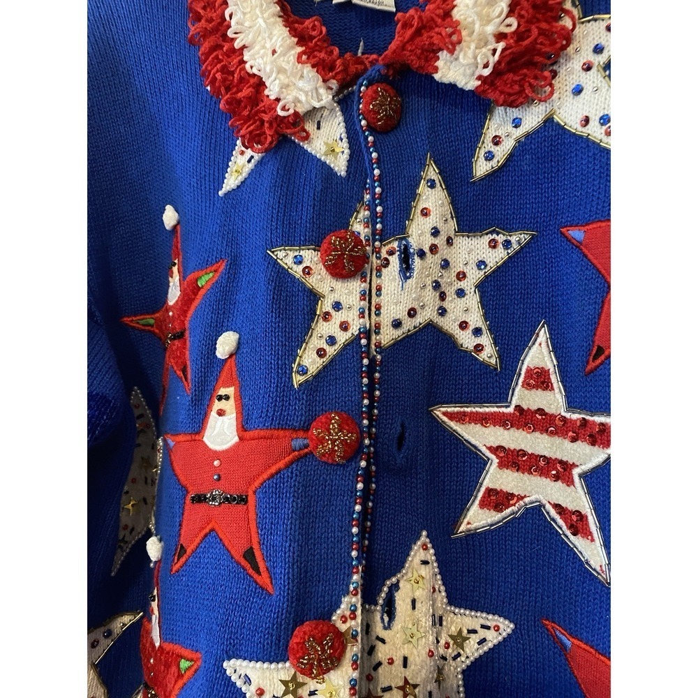VTG Jack B Quick Sweater Christmas Santa Holiday Beaded Cardigan XL Patriotic - Picture 3 of 11